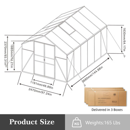 8x12 ft All-Season Polycarbonate Greenhouse with Raised Base and Aluminum Frame
