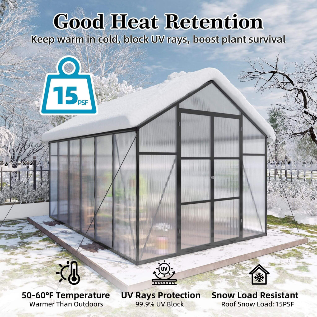 8x12 ft All-Season Polycarbonate Greenhouse with Raised Base and Aluminum Frame