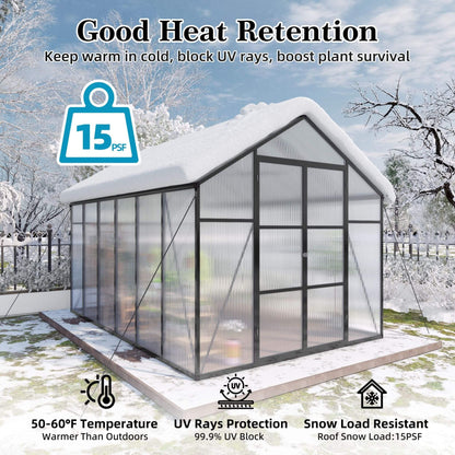 8x12 ft All-Season Polycarbonate Greenhouse with Raised Base and Aluminum Frame