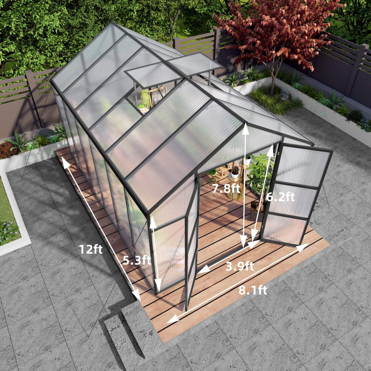 8x12 ft All-Season Polycarbonate Greenhouse with Raised Base and Aluminum Frame