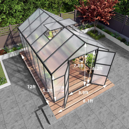 8x12 ft All-Season Polycarbonate Greenhouse with Raised Base and Aluminum Frame