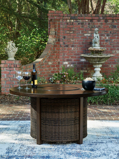 Monterey Point 48-Inch Round Wicker Fire Pit Table – Dark Brown