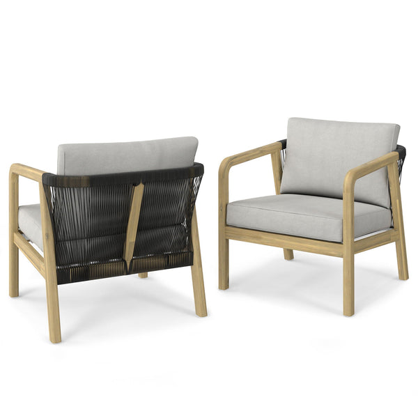 Palmetto Outdoor Conversation Chair, Set of 2 – Acacia Wood, Rope Back, Stone Grey Cushions