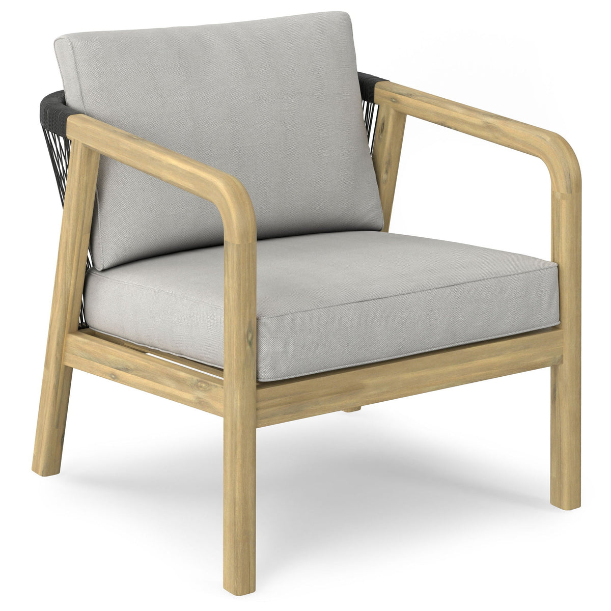 Palmetto Outdoor Conversation Chair, Set of 2 – Acacia Wood, Rope Back, Stone Grey Cushions