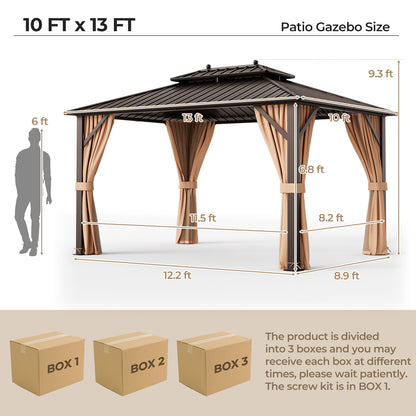 10x13 Ft Hardtop Gazebo With Galvanized Steel Double Roof, Curtains & Netting – Coffee