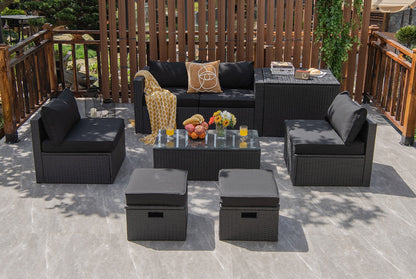 8-Piece Patio Rattan Storage Table Furniture Set