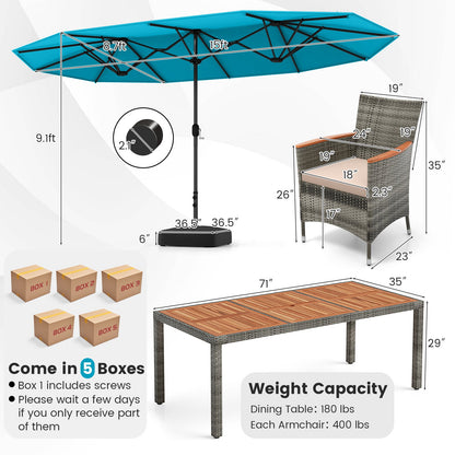 10-Piece Patio Wicker Dining Set with 15 Feet Double-Sided Patio Umbrella