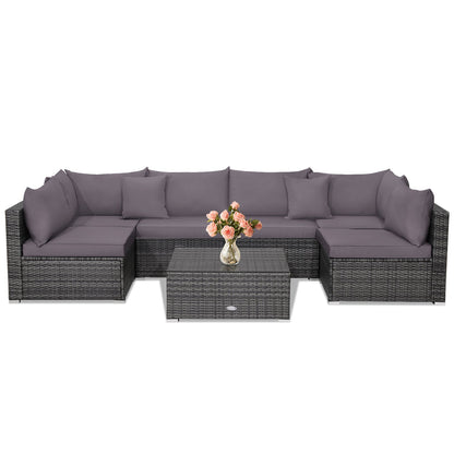 7-Piece Patio Rattan Furniture Set Sectional Sofa Garden Cushion