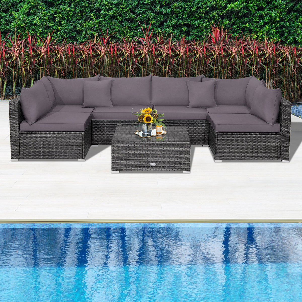 7-Piece Patio Rattan Furniture Set Sectional Sofa Garden Cushion