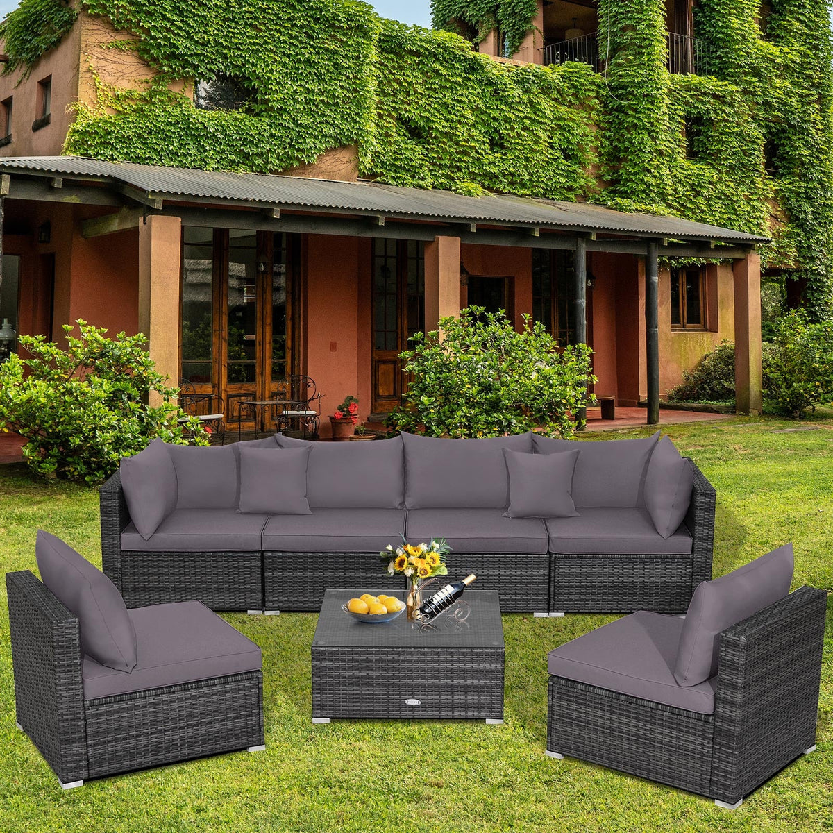 7-Piece Patio Rattan Furniture Set Sectional Sofa Garden Cushion