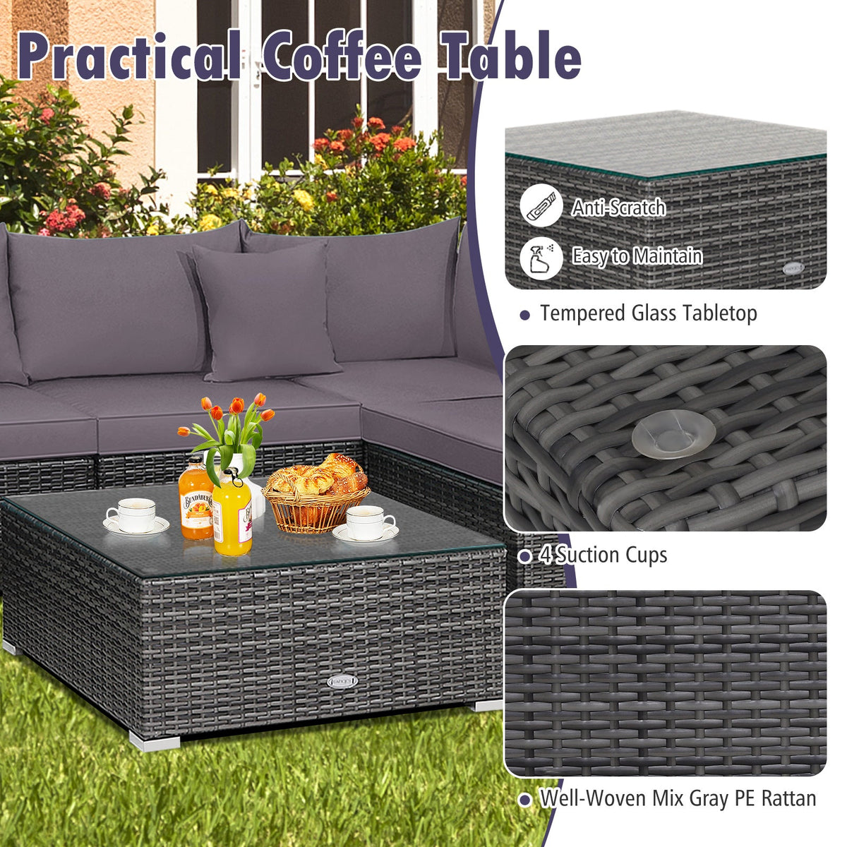 7-Piece Patio Rattan Furniture Set Sectional Sofa Garden Cushion
