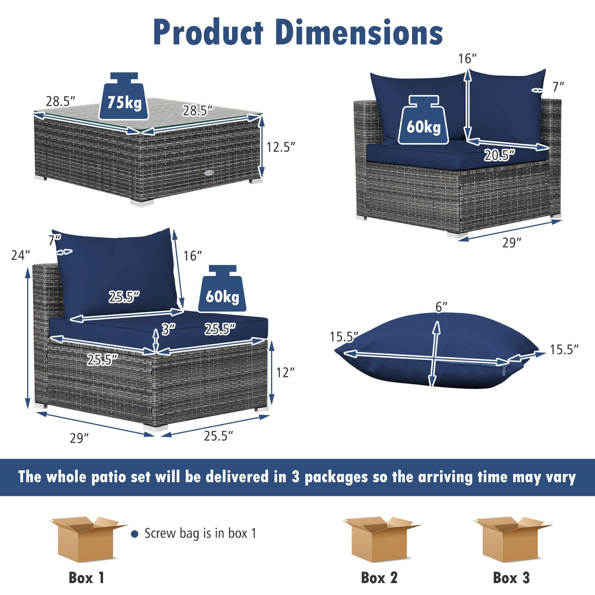 7-Piece Patio Rattan Furniture Set Sectional Sofa Garden Cushion