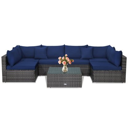 7-Piece Patio Rattan Furniture Set Sectional Sofa Garden Cushion