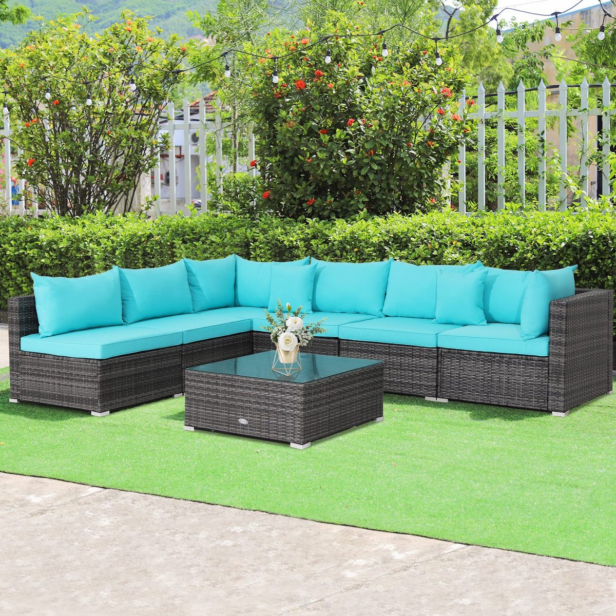7-Piece Patio Rattan Furniture Set Sectional Sofa Garden Cushion