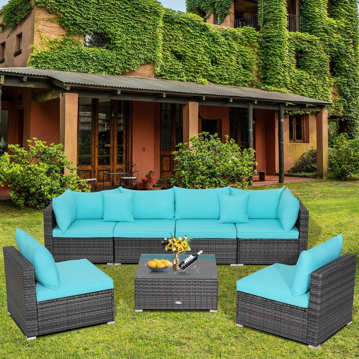 7-Piece Patio Rattan Furniture Set Sectional Sofa Garden Cushion