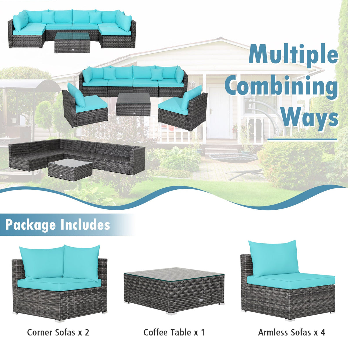 7-Piece Patio Rattan Furniture Set Sectional Sofa Garden Cushion