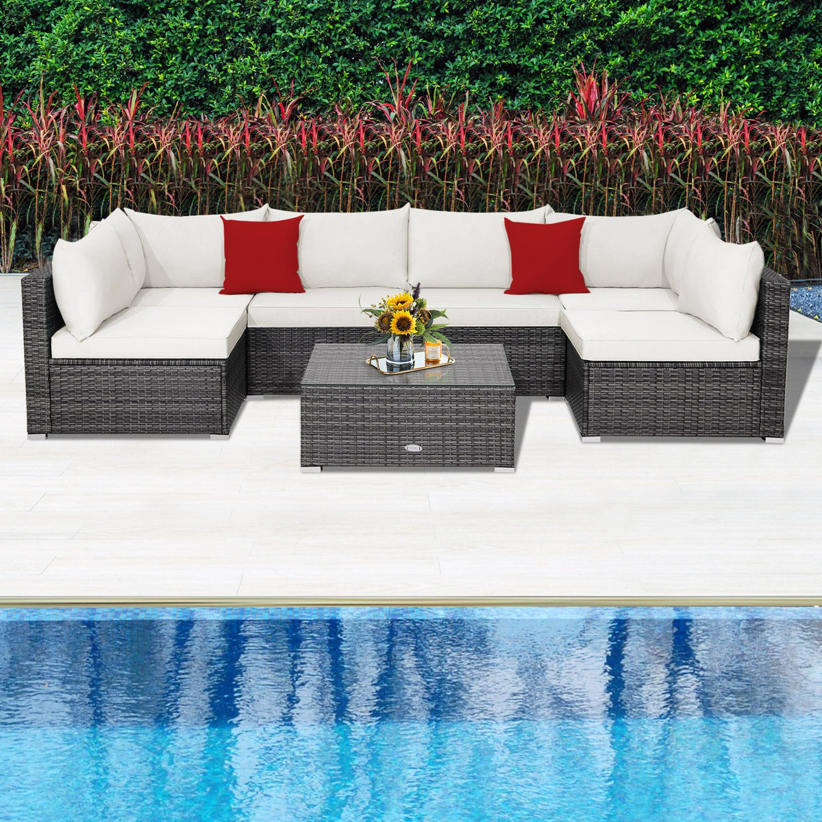7-Piece Patio Rattan Furniture Set Sectional Sofa Garden Cushion