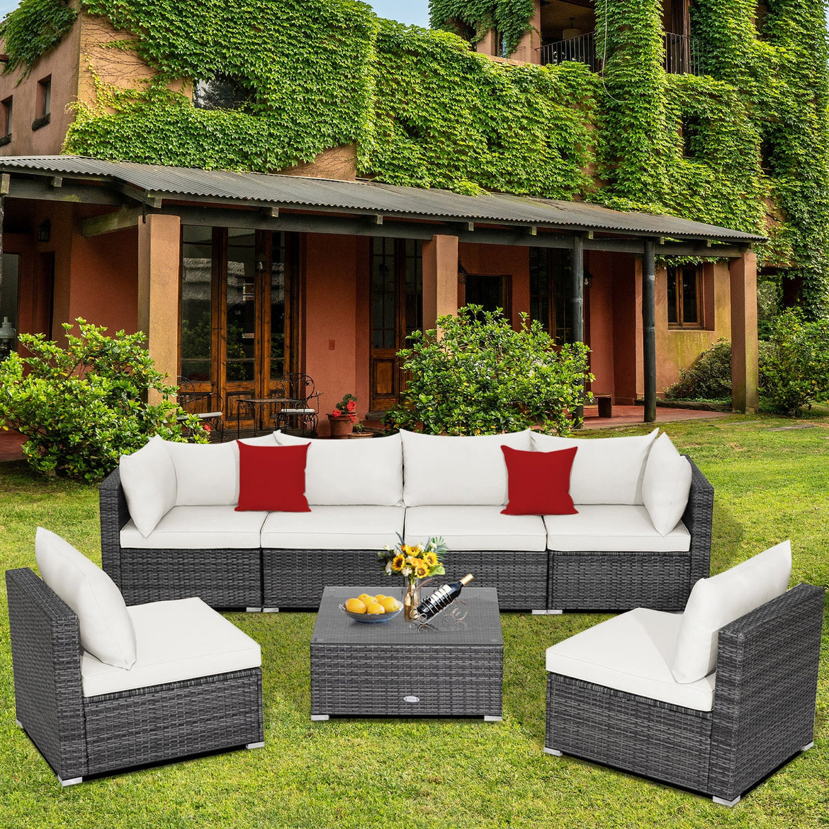 7-Piece Patio Rattan Furniture Set Sectional Sofa Garden Cushion