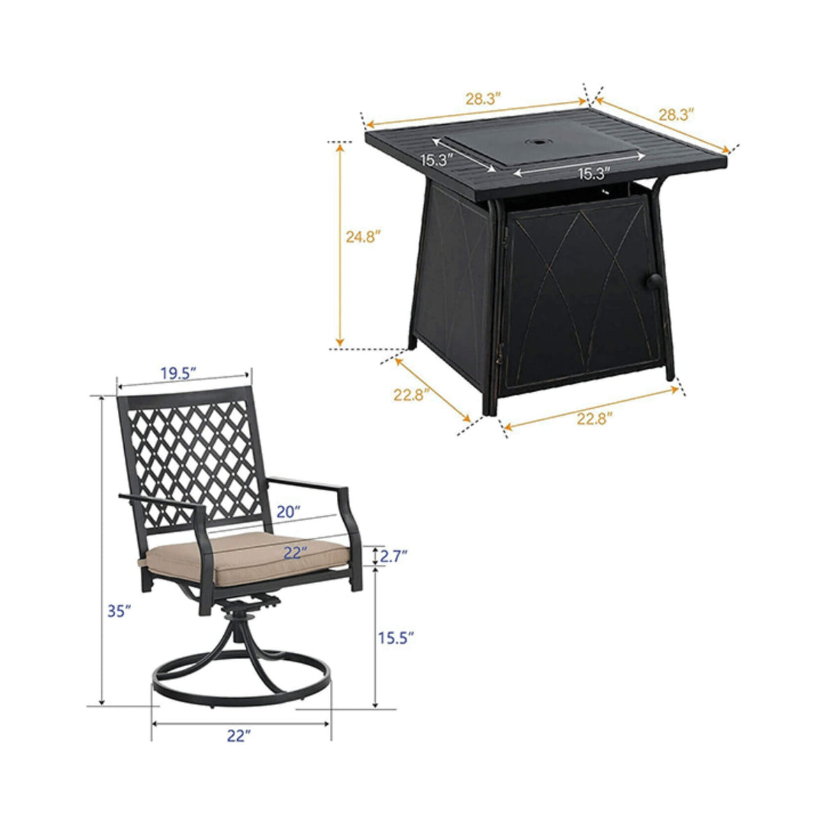 Sophia & William 5-Piece Outdoor Gas Fire Pit Table Set – Cushioned Swivel Dining Chairs, Propane