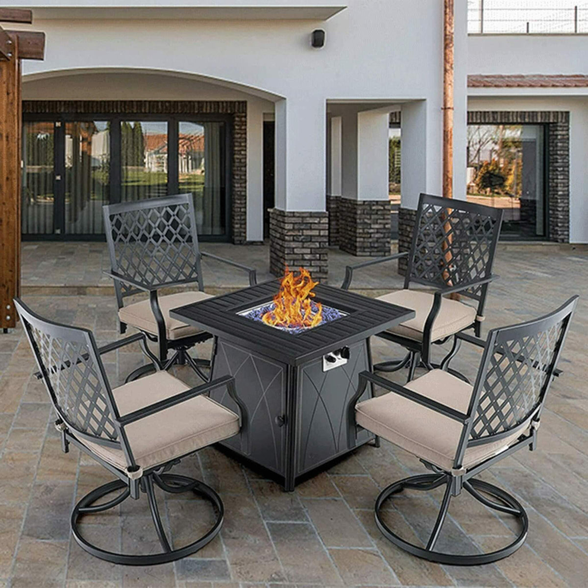Sophia & William 5-Piece Outdoor Gas Fire Pit Table Set – Cushioned Swivel Dining Chairs, Propane