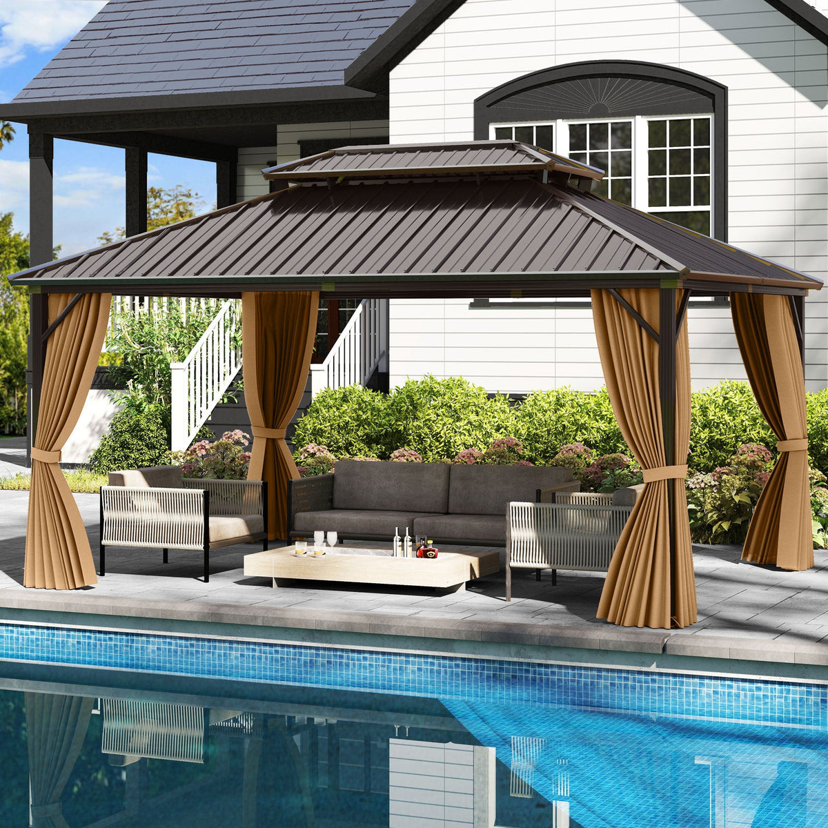 16 x 12 Ft Hardtop Gazebo With Aluminum Frame, Curtains & Netting – Coffee