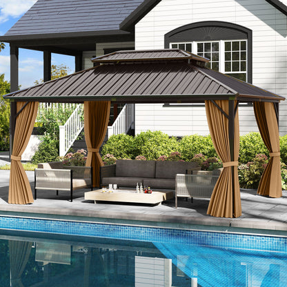 16 x 12 Ft Hardtop Gazebo With Aluminum Frame, Curtains & Netting – Coffee