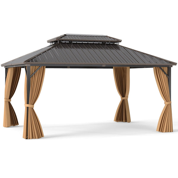 16 x 12 Ft Hardtop Gazebo With Aluminum Frame, Curtains & Netting – Coffee