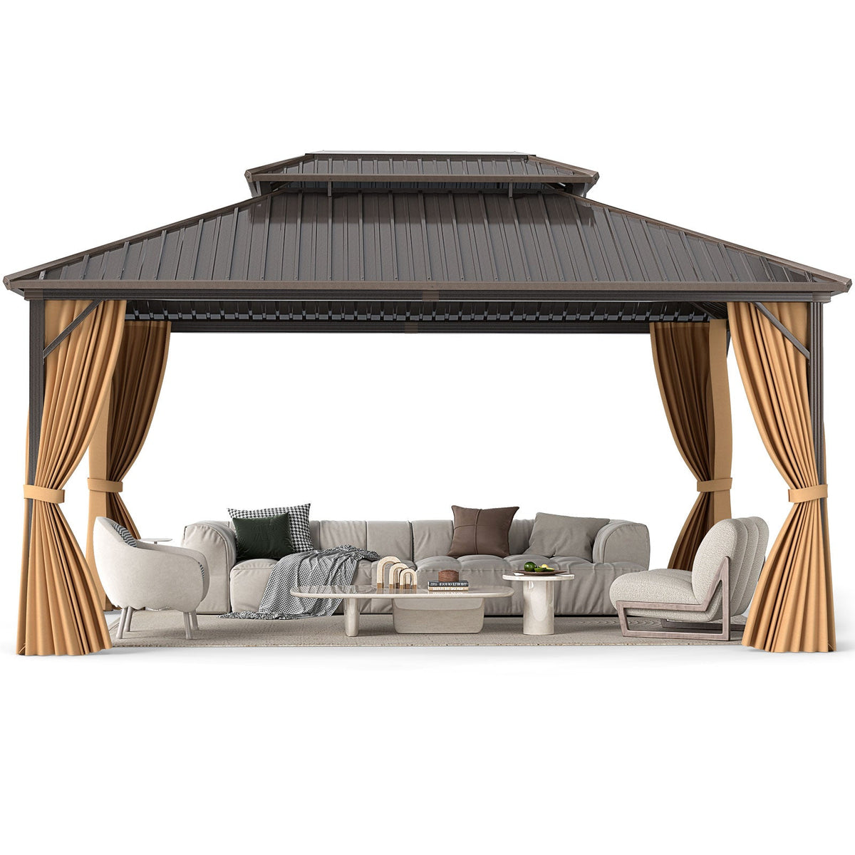 16 x 12 Ft Hardtop Gazebo With Aluminum Frame, Curtains & Netting – Coffee