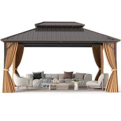 16 x 12 Ft Hardtop Gazebo With Aluminum Frame, Curtains & Netting – Coffee