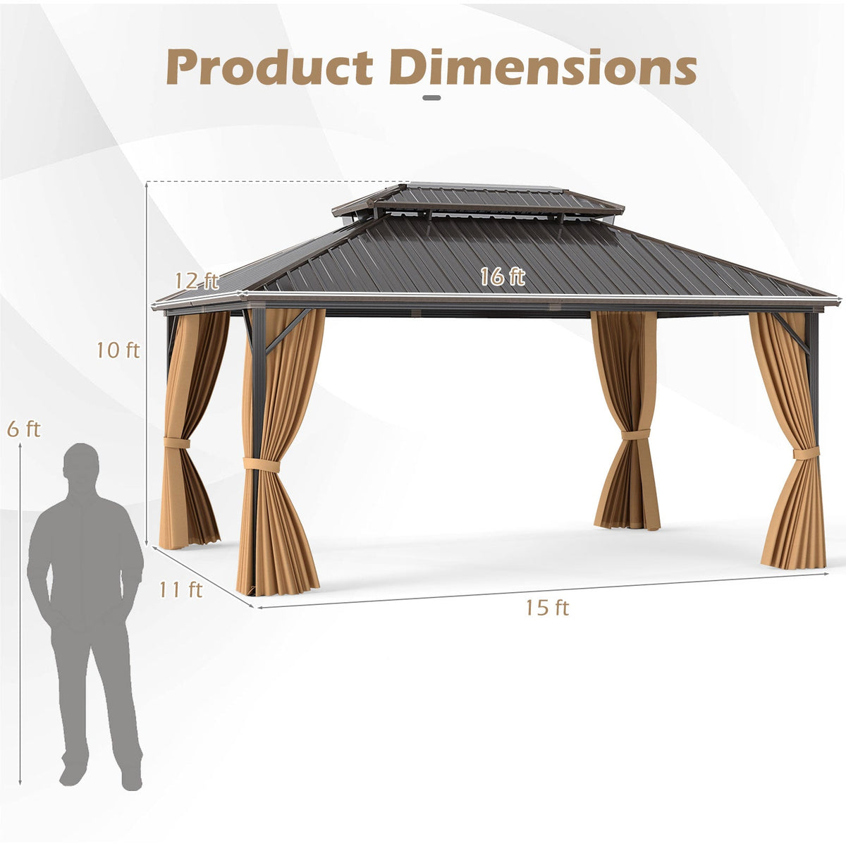16 x 12 Ft Hardtop Gazebo With Aluminum Frame, Curtains & Netting – Coffee
