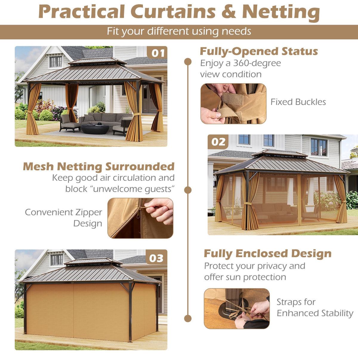 16 x 12 Ft Hardtop Gazebo With Aluminum Frame, Curtains & Netting – Coffee