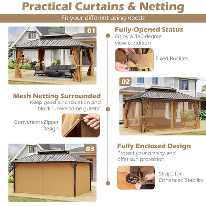 16 x 12 Ft Hardtop Gazebo With Aluminum Frame, Curtains & Netting – Coffee
