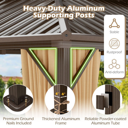 16 x 12 Ft Hardtop Gazebo With Aluminum Frame, Curtains & Netting – Coffee