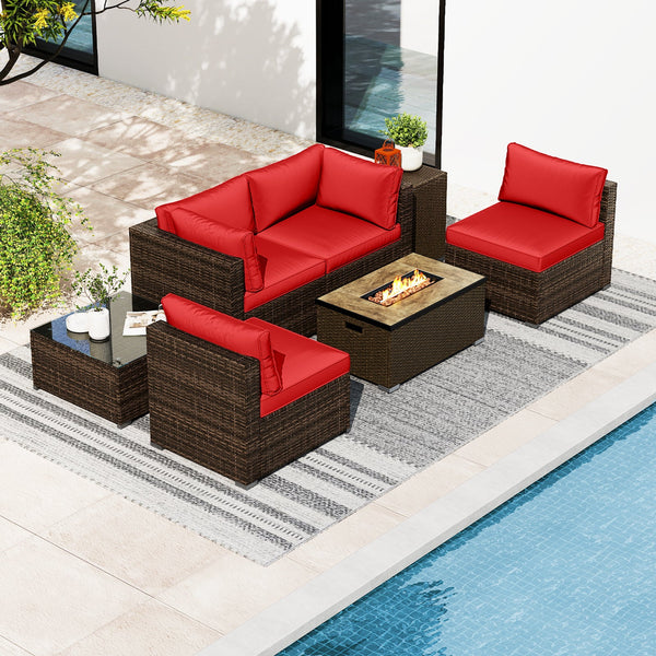 7-Piece Outdoor PE Rattan Sectional with ETL-Certified 40,000 BTU Propane Fire Pit Table