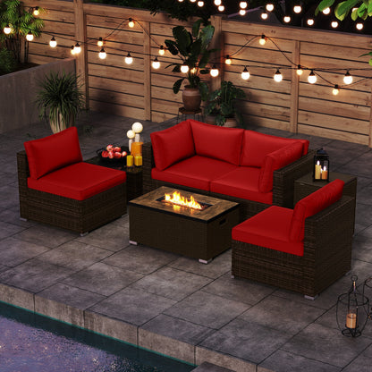 7-Piece Outdoor PE Rattan Sectional with ETL-Certified 40,000 BTU Propane Fire Pit Table