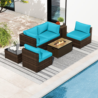 7-Piece Outdoor PE Rattan Sectional with ETL-Certified 40,000 BTU Propane Fire Pit Table