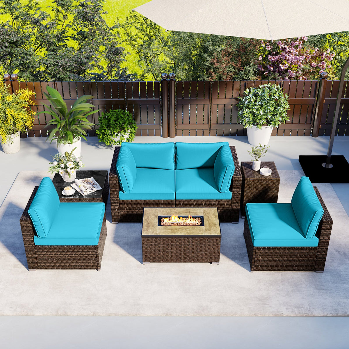 7-Piece Outdoor PE Rattan Sectional with ETL-Certified 40,000 BTU Propane Fire Pit Table