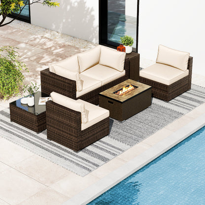 7-Piece Outdoor PE Rattan Sectional with ETL-Certified 40,000 BTU Propane Fire Pit Table