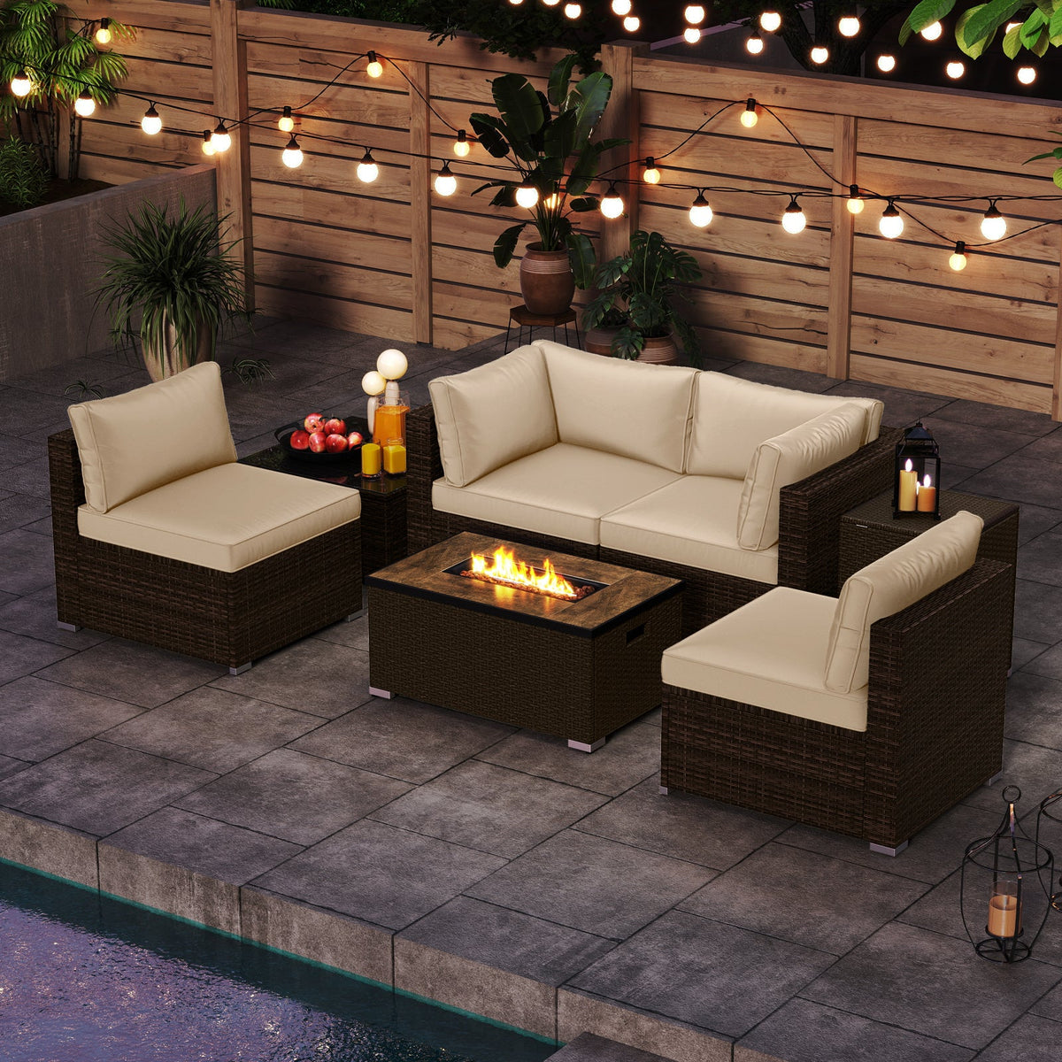 7-Piece Outdoor PE Rattan Sectional with ETL-Certified 40,000 BTU Propane Fire Pit Table