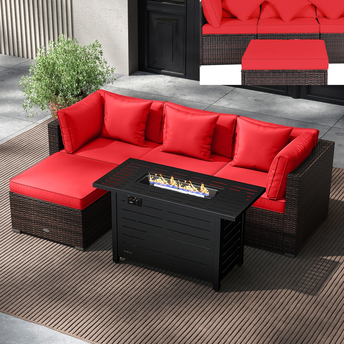 5-Piece Outdoor Rattan Sofa Set with 60,000 BTU Propane Fire Pit Table & Ottoman