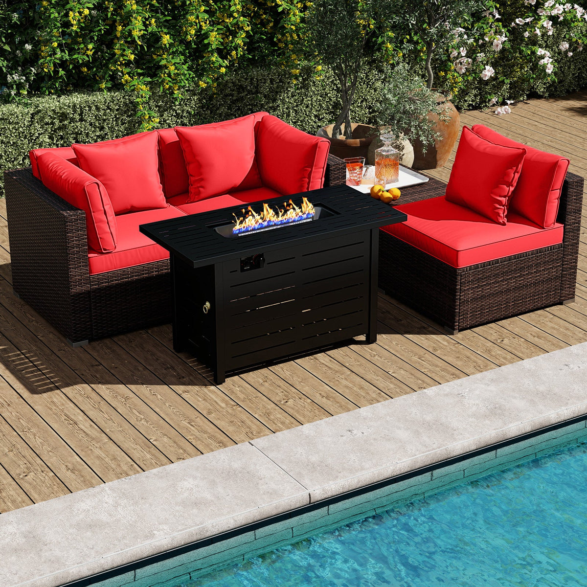 5-Piece Outdoor Rattan Sofa Set with 60,000 BTU Propane Fire Pit Table & Ottoman