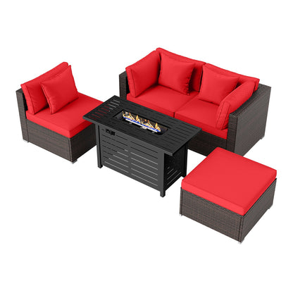 5-Piece Outdoor Rattan Sofa Set with 60,000 BTU Propane Fire Pit Table & Ottoman