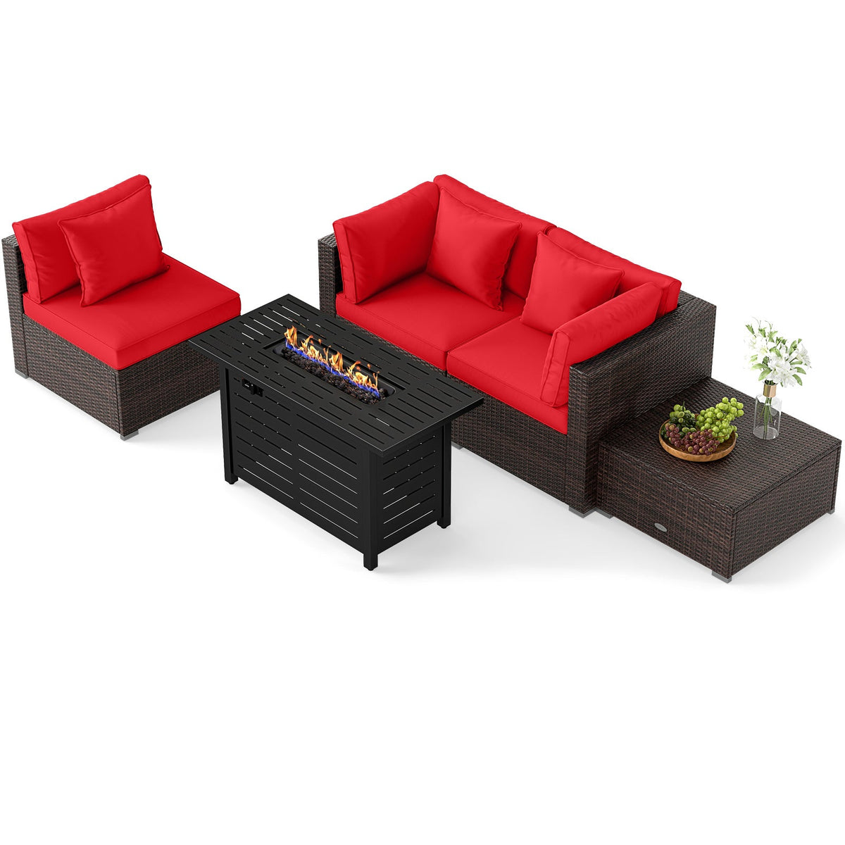 5-Piece Outdoor Rattan Sofa Set with 60,000 BTU Propane Fire Pit Table & Ottoman