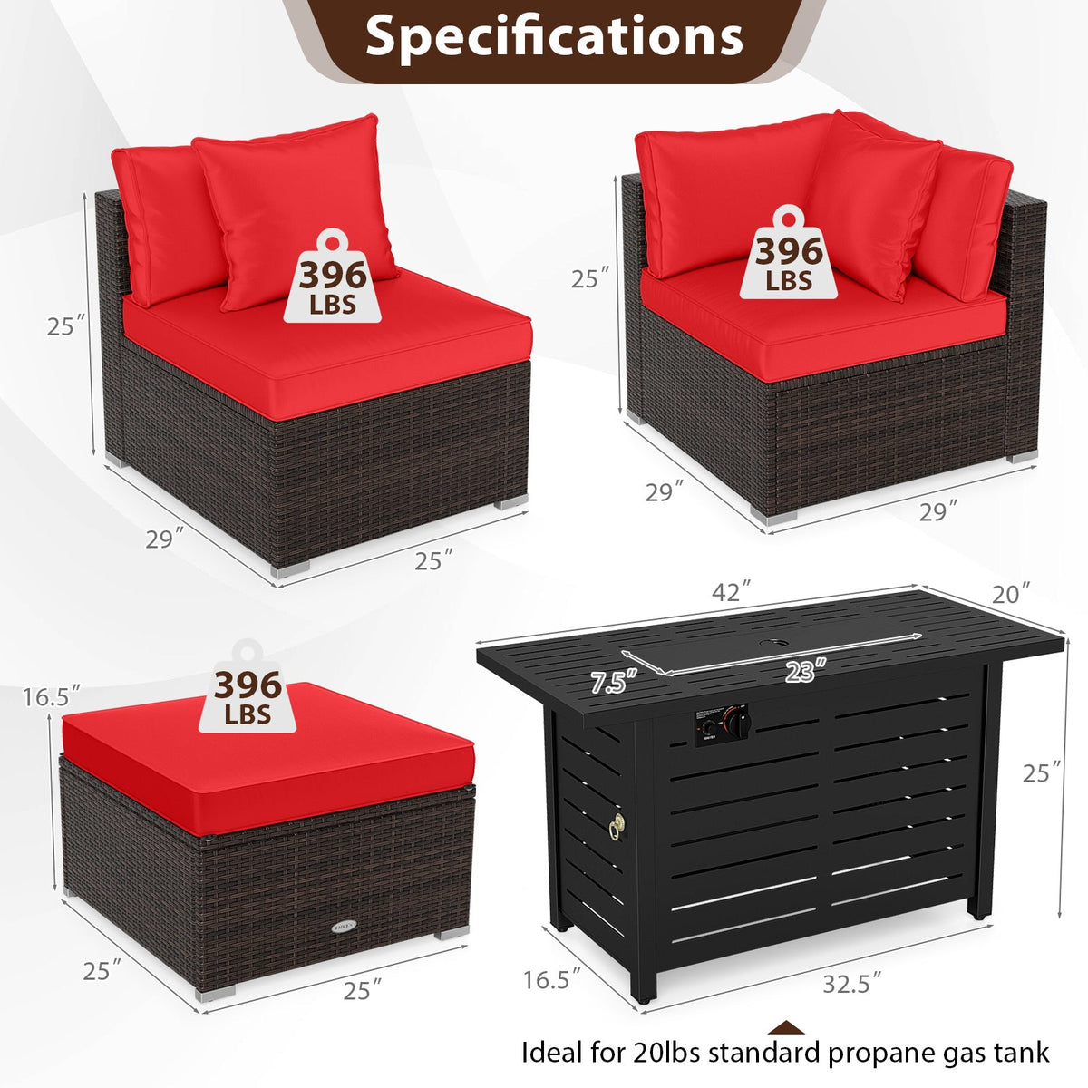 5-Piece Outdoor Rattan Sofa Set with 60,000 BTU Propane Fire Pit Table & Ottoman