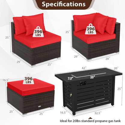 5-Piece Outdoor Rattan Sofa Set with 60,000 BTU Propane Fire Pit Table & Ottoman