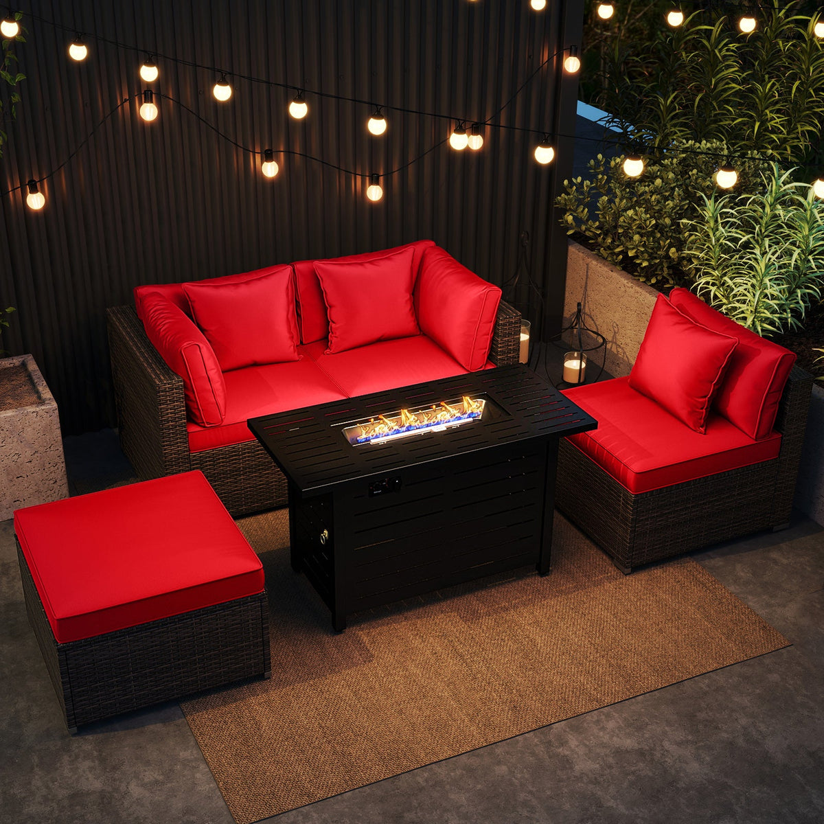 5-Piece Outdoor Rattan Sofa Set with 60,000 BTU Propane Fire Pit Table & Ottoman