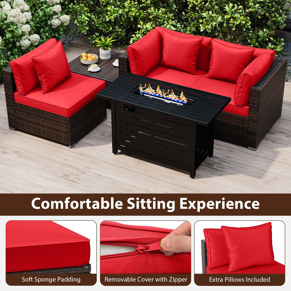 5-Piece Outdoor Rattan Sofa Set with 60,000 BTU Propane Fire Pit Table & Ottoman