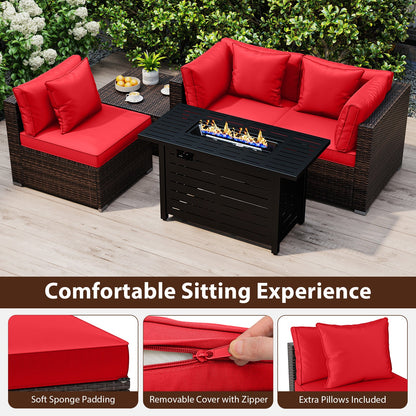 5-Piece Outdoor Rattan Sofa Set with 60,000 BTU Propane Fire Pit Table & Ottoman