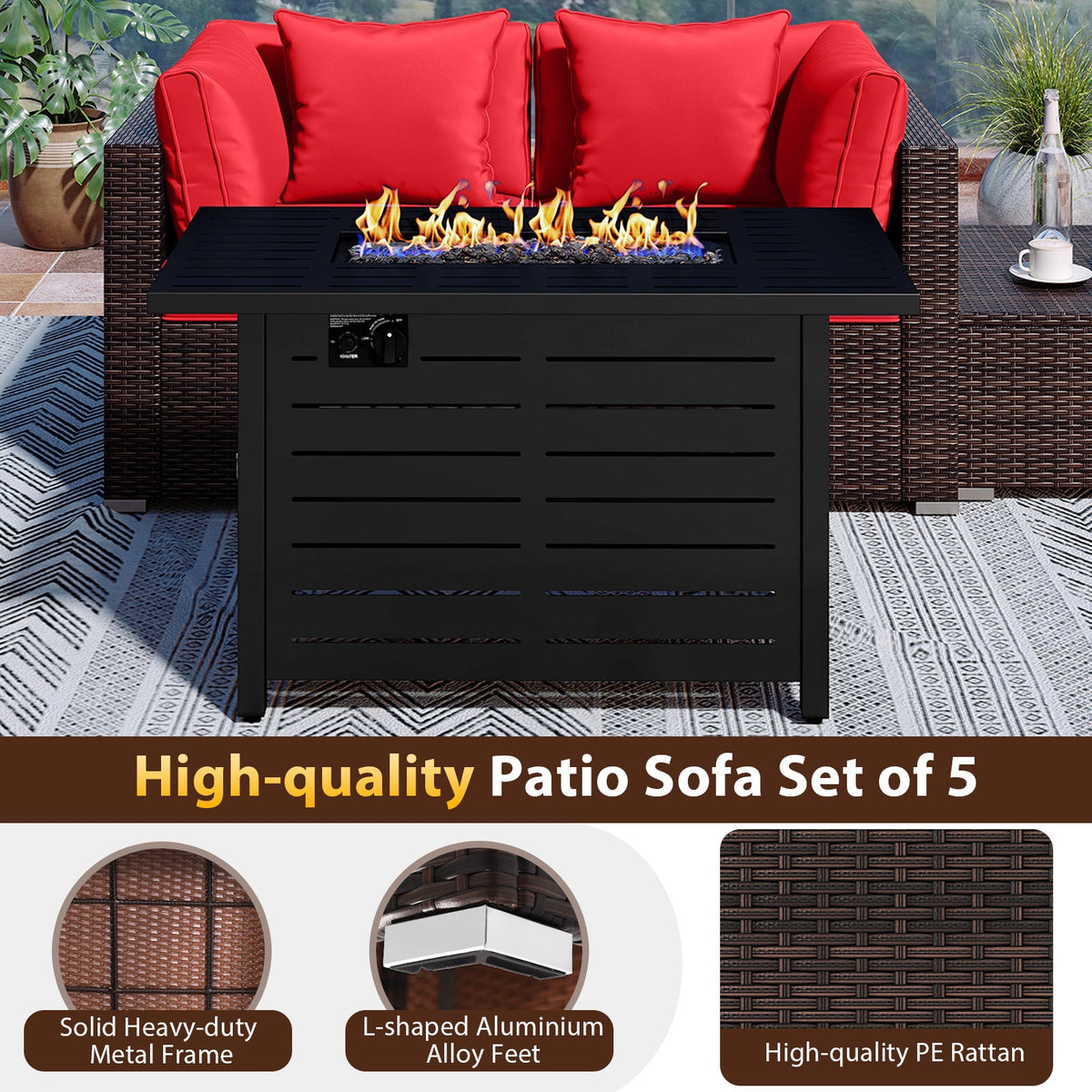 5-Piece Outdoor Rattan Sofa Set with 60,000 BTU Propane Fire Pit Table & Ottoman