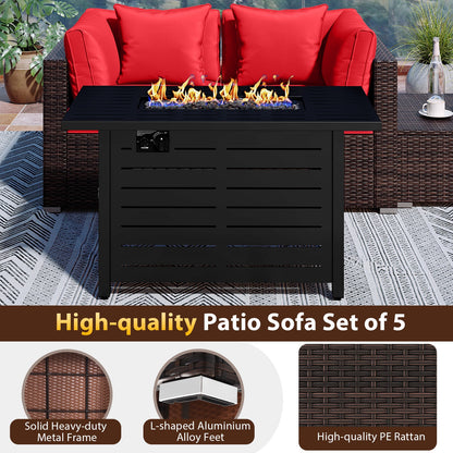 5-Piece Outdoor Rattan Sofa Set with 60,000 BTU Propane Fire Pit Table & Ottoman